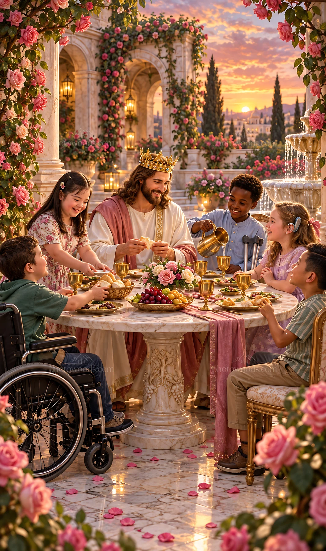 Jesus Christ sharing a meal with children in a garden setting - AI-generated stock image