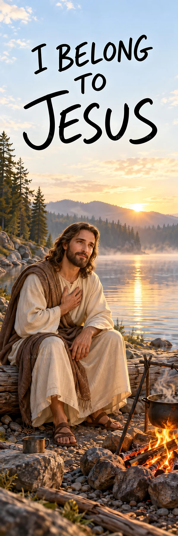 Jesus Christ sitting by the river with a peaceful expression - AI-generated stock image