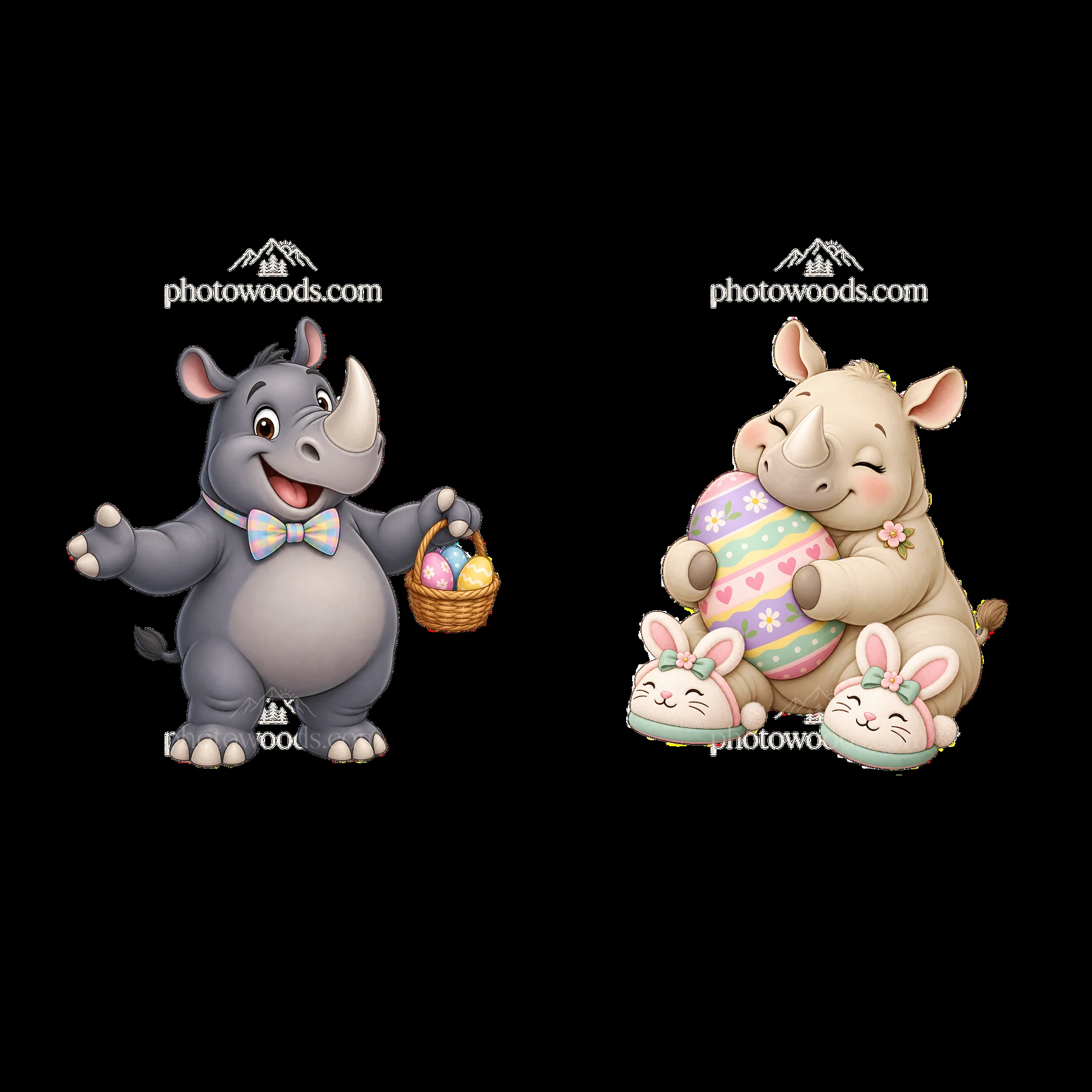 Easter rhinoceros carrying eggs and another with pastel egg - AI-generated stock image