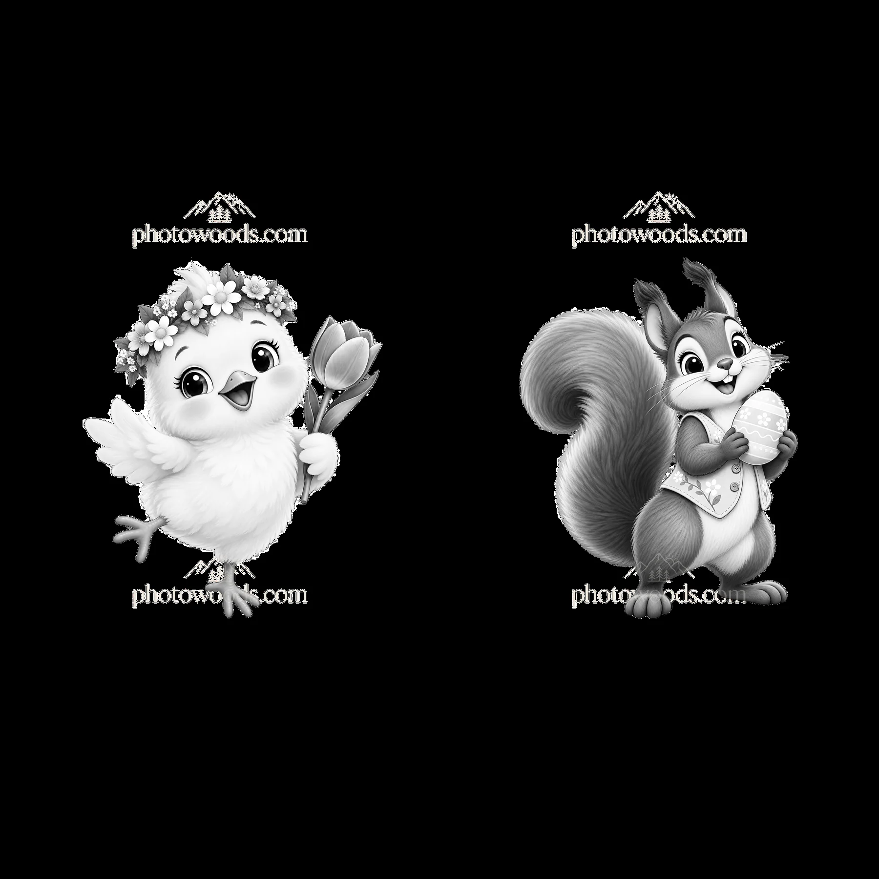 Chick with flower and squirrel with ice cream in Easter meadow - AI-generated stock image
