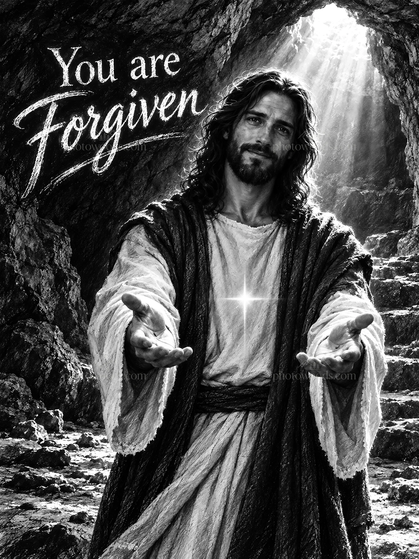 Jesus Christ extends forgiveness in a dark cave setting - AI-generated stock image