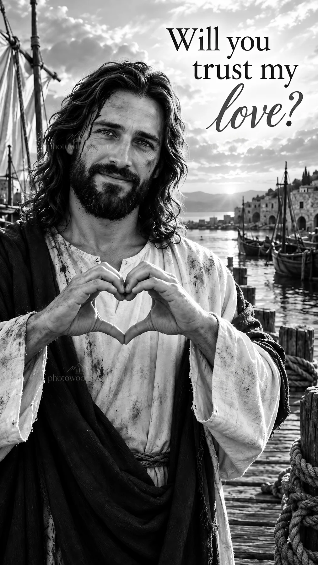 Jesus Christ sharing a message of love by the waterfront - AI-generated stock image