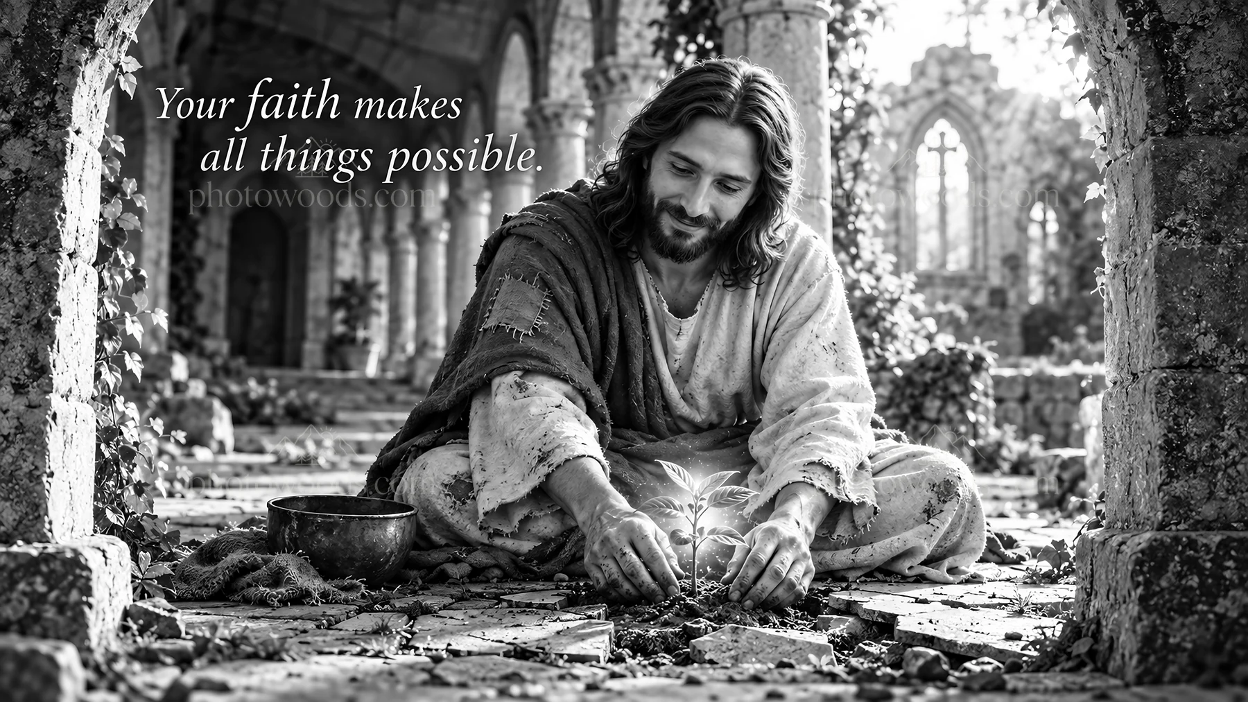Jesus Christ gardening in a ruined landscape - AI-generated stock image