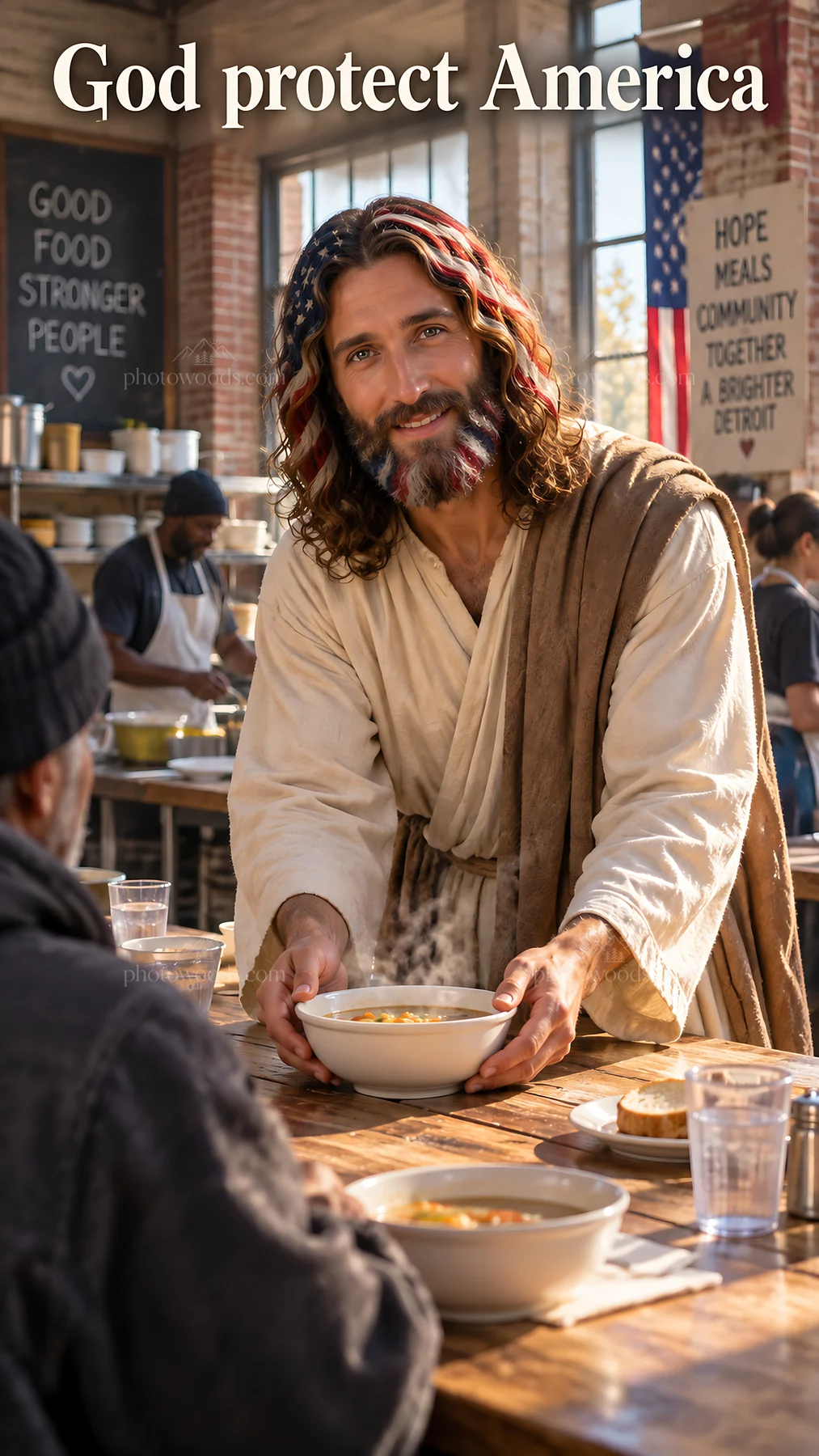 Jesus Christ serving food in a community kitchen - AI-generated stock image