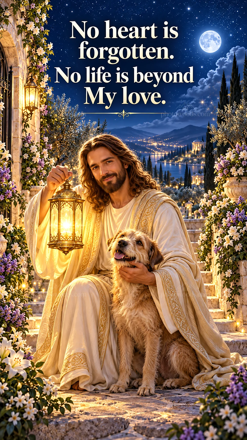 Jesus Christ with a dog in a garden setting at night - AI-generated stock image