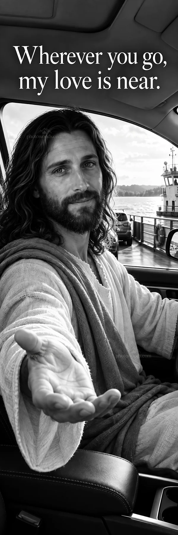 Jesus Christ offers love and support from a vehicle - AI-generated stock image