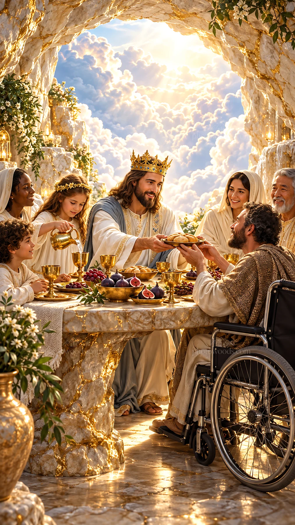 Jesus Christ sharing a meal with individuals - AI-generated stock image