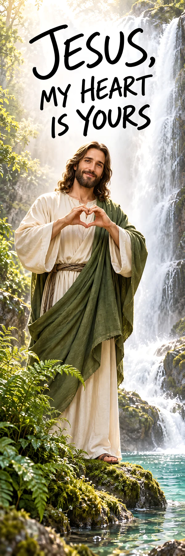 Jesus Christ expressing love by a waterfall - AI-generated stock image