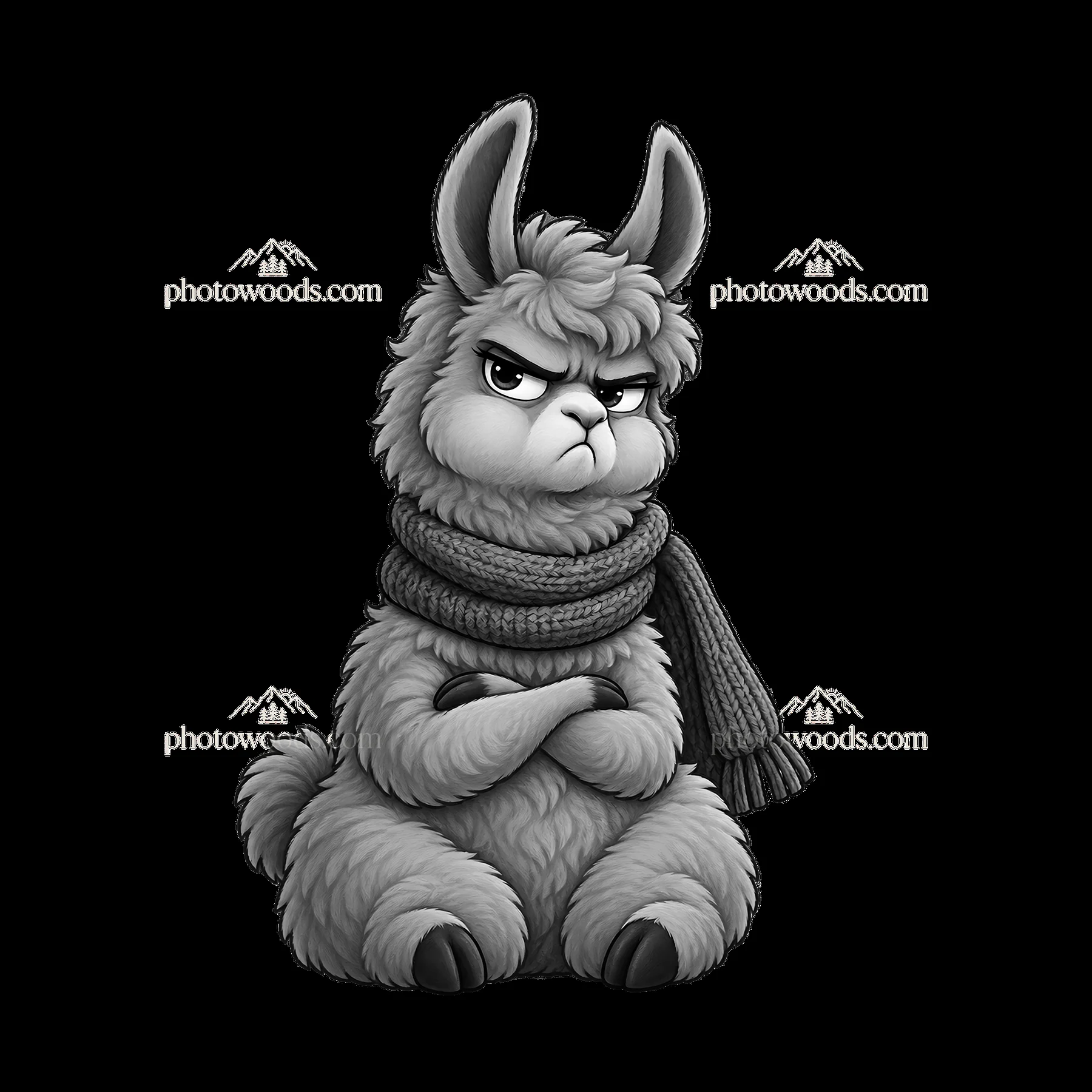 Grumpy llama with scarf sitting with crossed arms in monochrome - AI-generated stock image