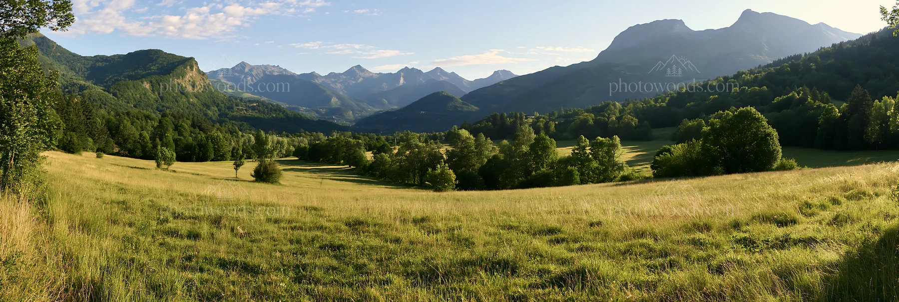 French meadow below Pyrenees range during daylight - AI-generated stock image