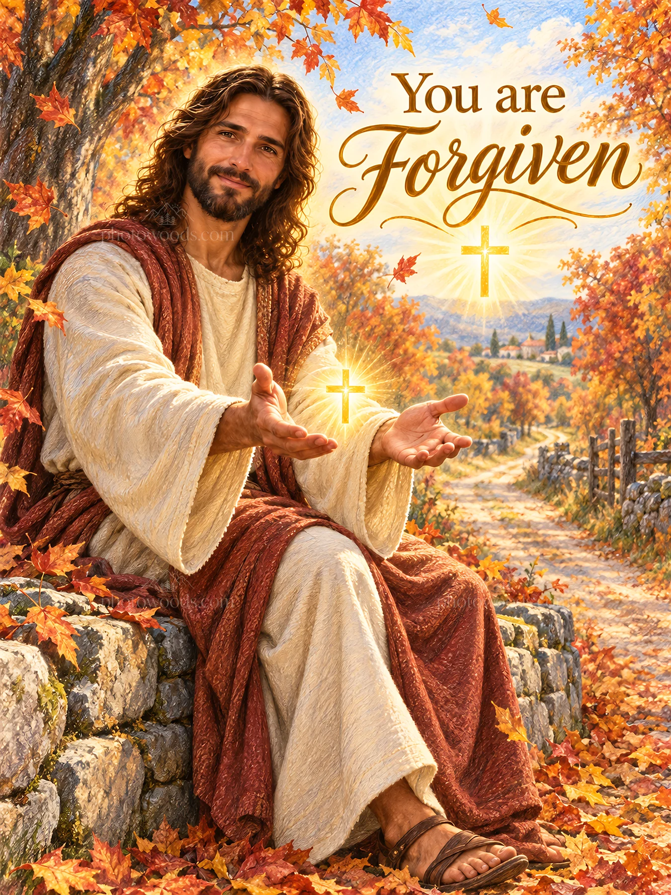 Jesus Christ offers forgiveness in autumn setting - AI-generated stock image