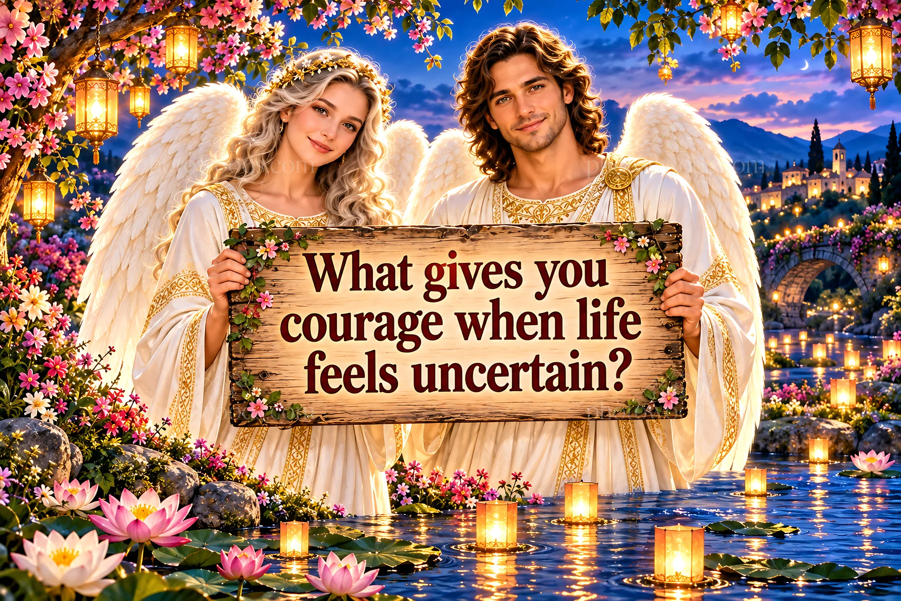 Jesus Christ with angels asking about courage in uncertain times - AI-generated stock image