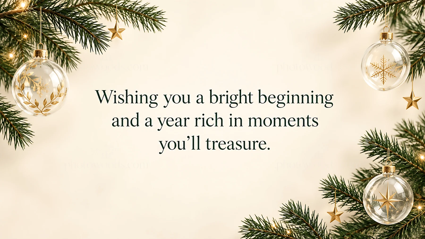 New Year Greeting with Evergreen and Gold Ornaments - AI-generated stock image