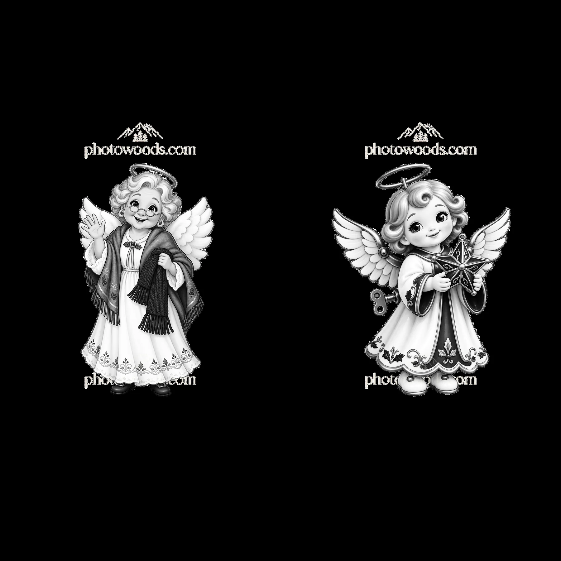 Christmas angel duo holding gifts and greeting in black and white - AI-generated stock image
