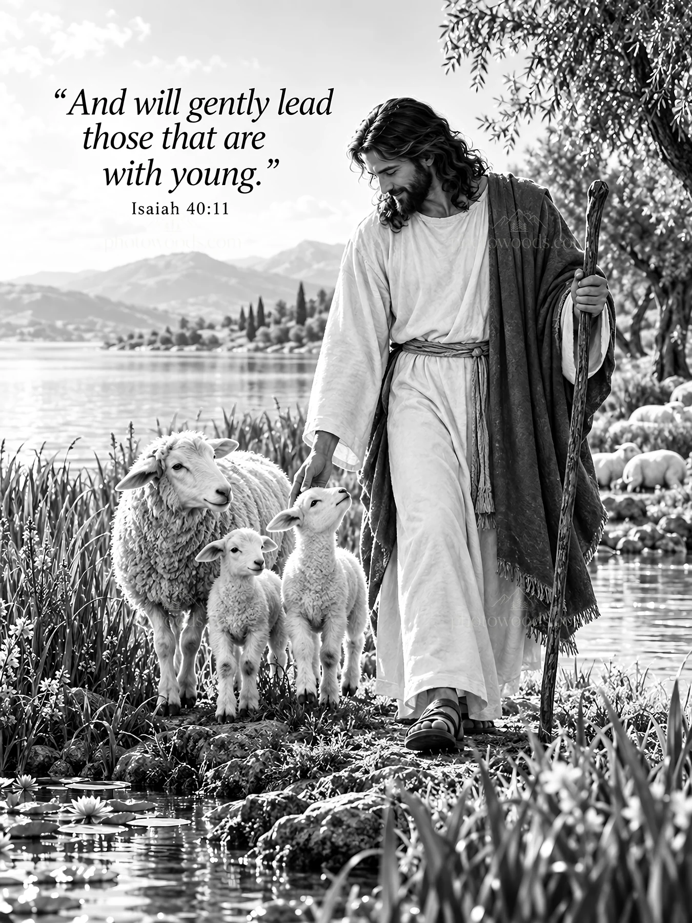 Jesus Christ gently leads sheep by a calm lake - AI-generated stock image