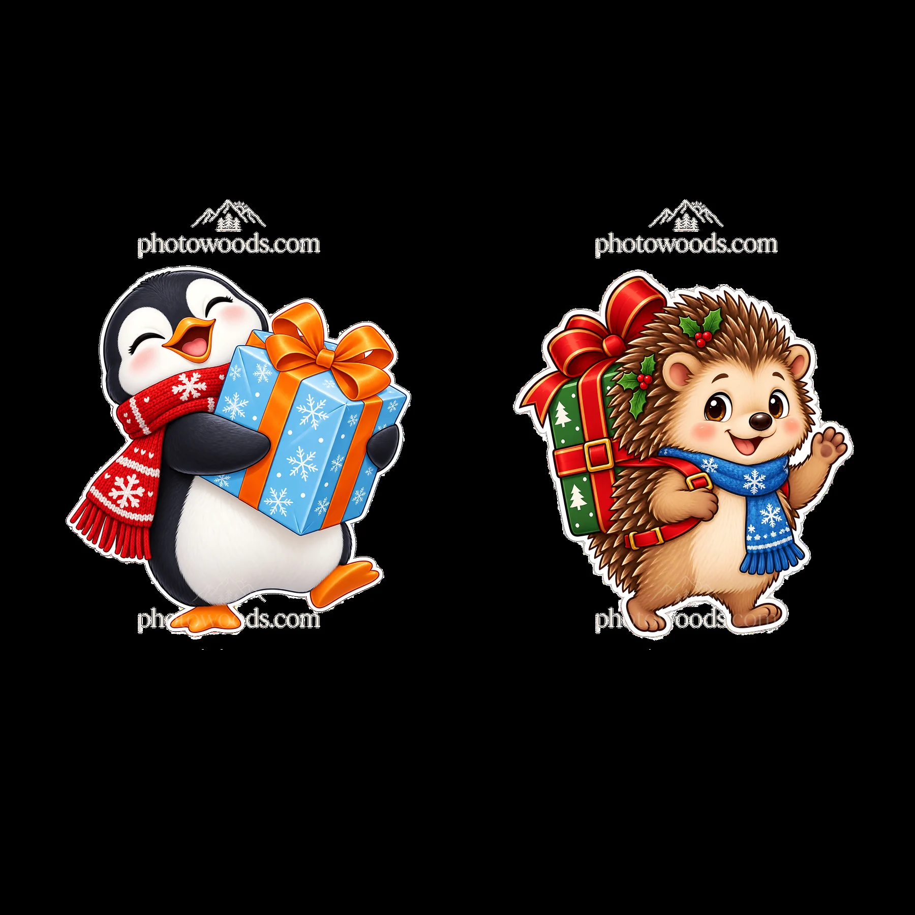 Penguin and hedgehog carrying Christmas gifts in bright colors - AI-generated stock image