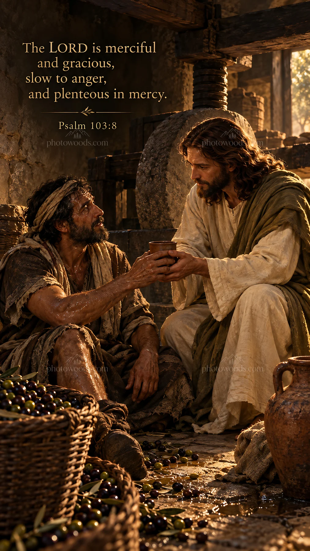 Jesus Christ comforting a suffering person in a biblical setting - AI-generated stock image