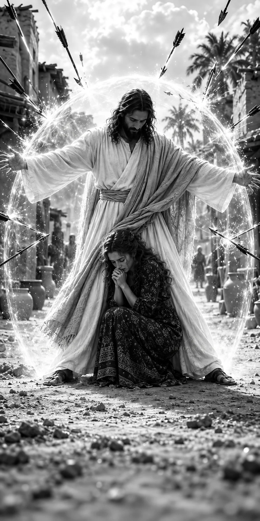 Jesus Christ protecting a woman in a dark village scene - AI-generated stock image
