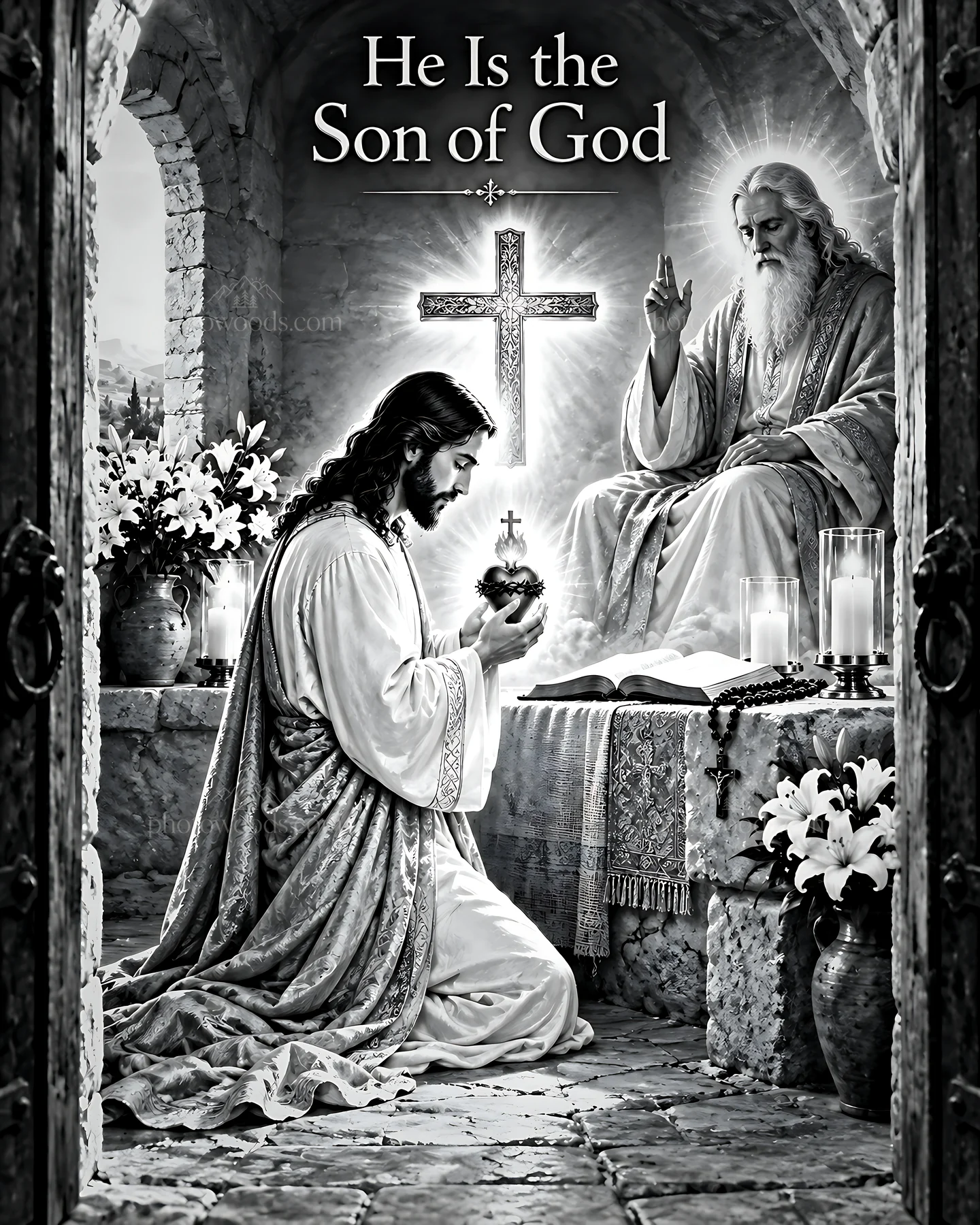 Mercy in the desert chapel with jesus and god - AI-generated stock image