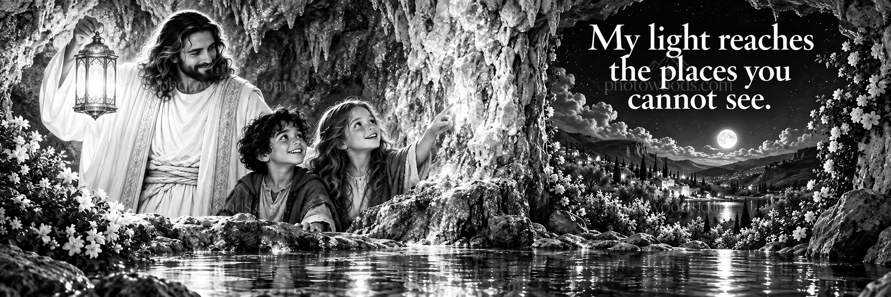 Jesus Christ with children in a cave sharing light - AI-generated stock image