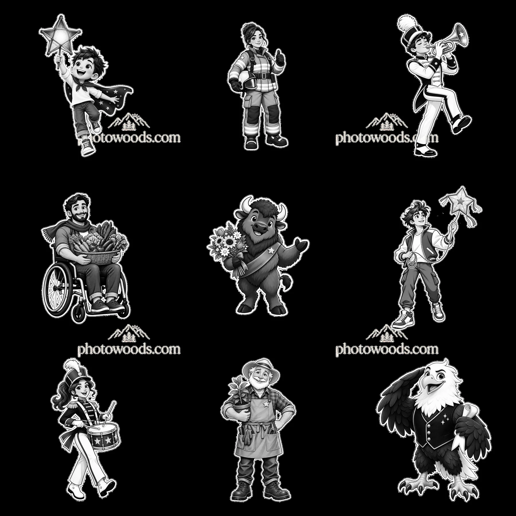 Cartoon characters engaging in various activities in a grid layout - AI-generated stock image