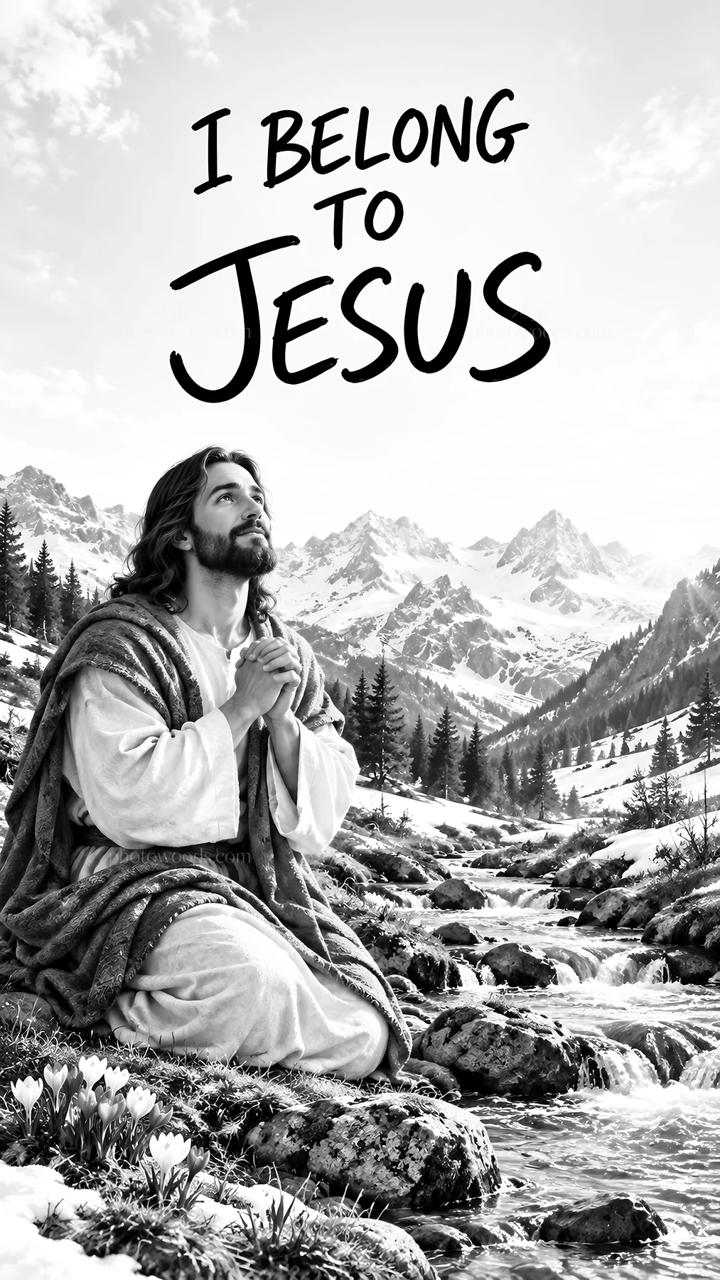 Jesus Christ praying in a mountain landscape - AI-generated stock image