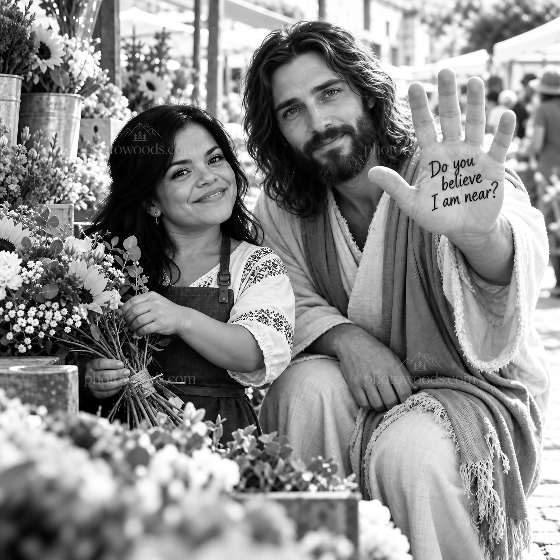 Jesus Christ comforting a young girl in a flower market - AI-generated stock image