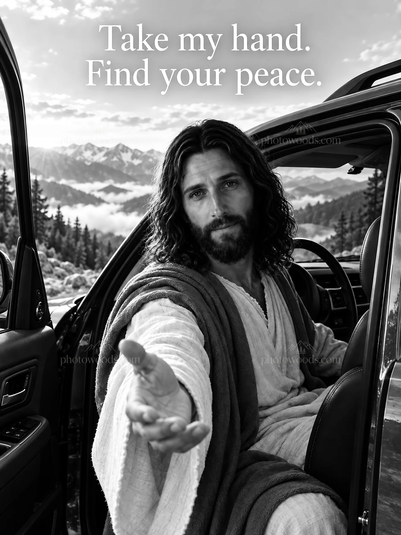 Jesus Christ inviting people to find peace in nature - AI-generated stock image