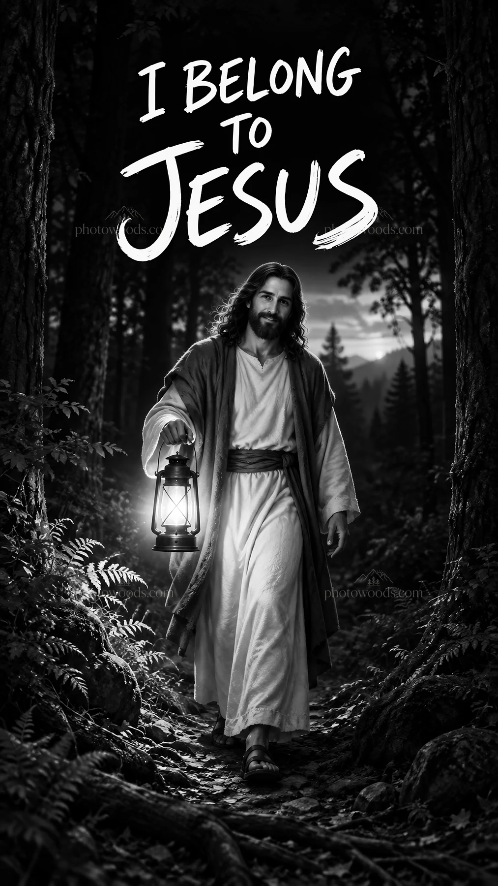 Jesus Christ walking in the woods holding a lantern - AI-generated stock image