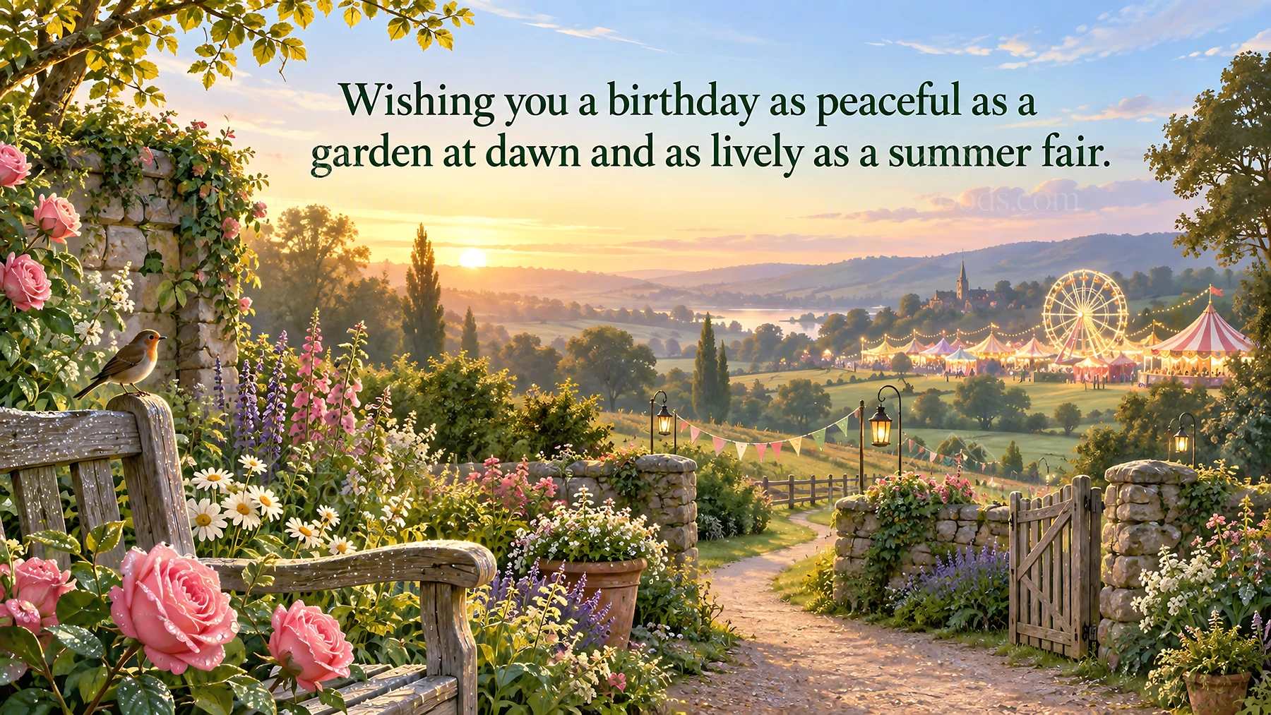 Birthday Greeting Over a Garden and Summer Fair - AI-generated stock image