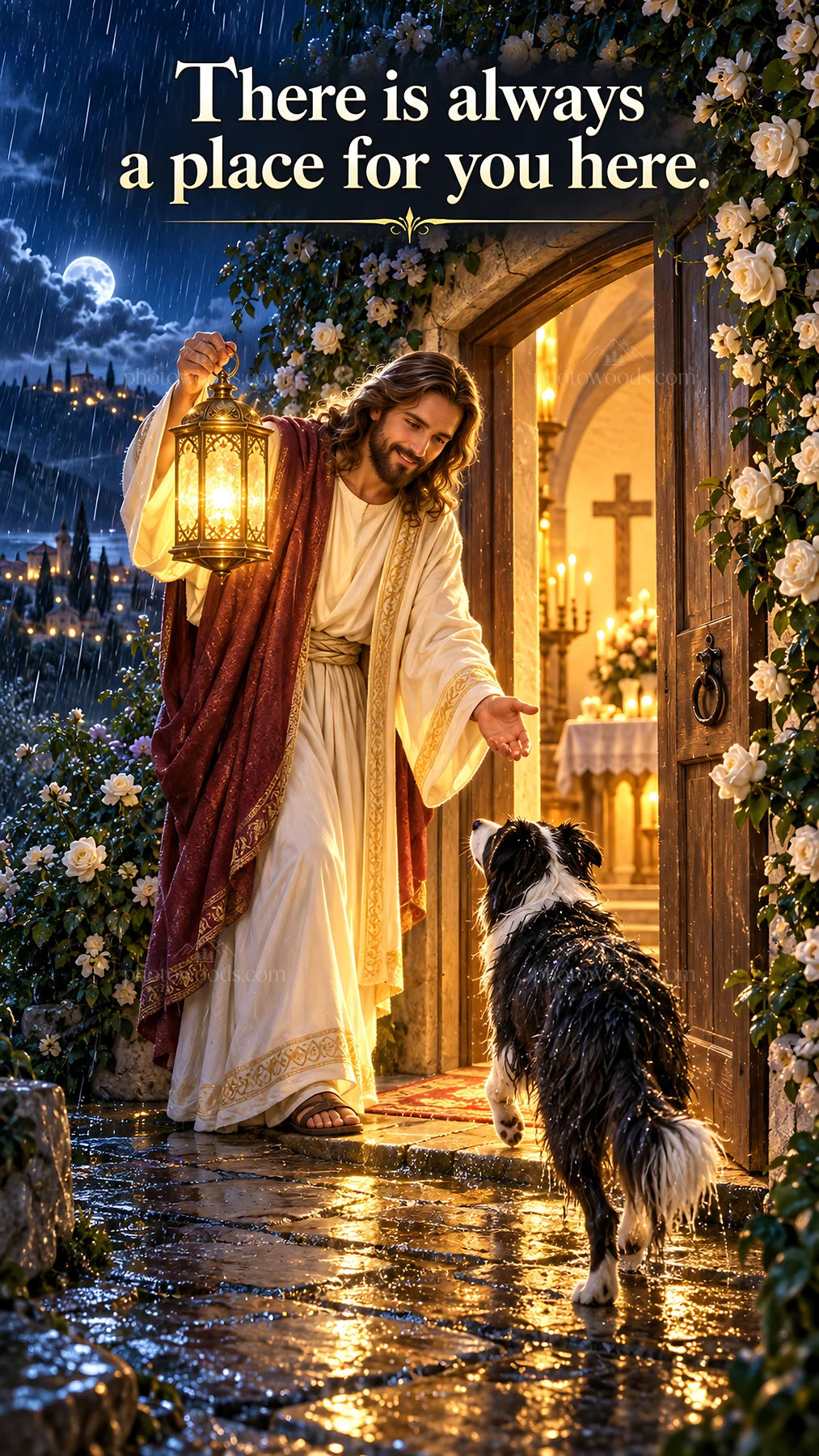 Jesus Christ welcoming a dog with a lantern in the rain - AI-generated stock image
