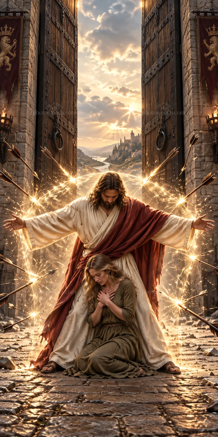 Jesus Christ protecting a woman in a powerful moment - AI-generated stock image