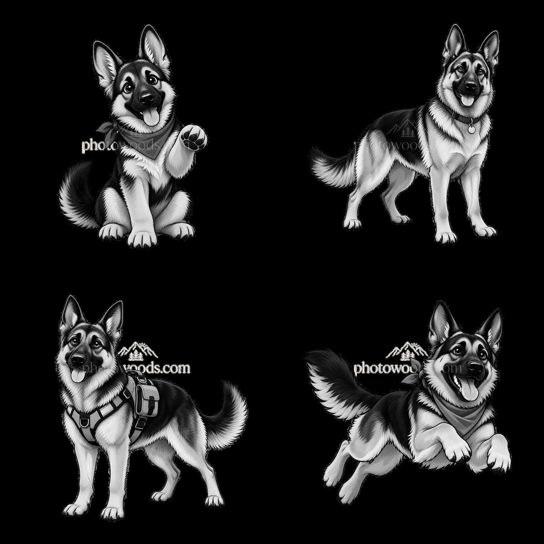 Four playful German Shepherd dog cartoon stickers in black and white - AI-generated stock image