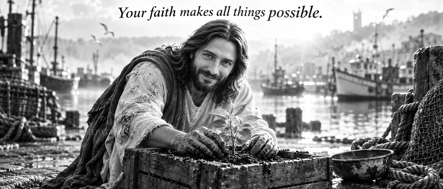 Jesus Christ planting a seed by the sea - AI-generated stock image