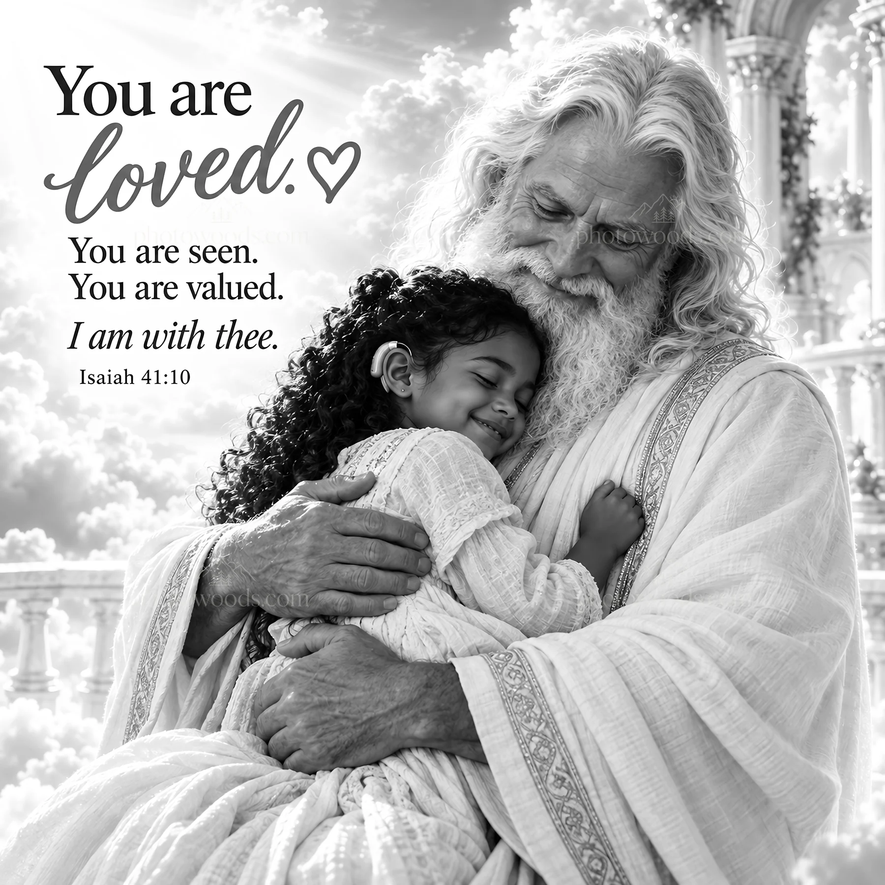 Jesus Christ embracing a child with messages of love - AI-generated stock image