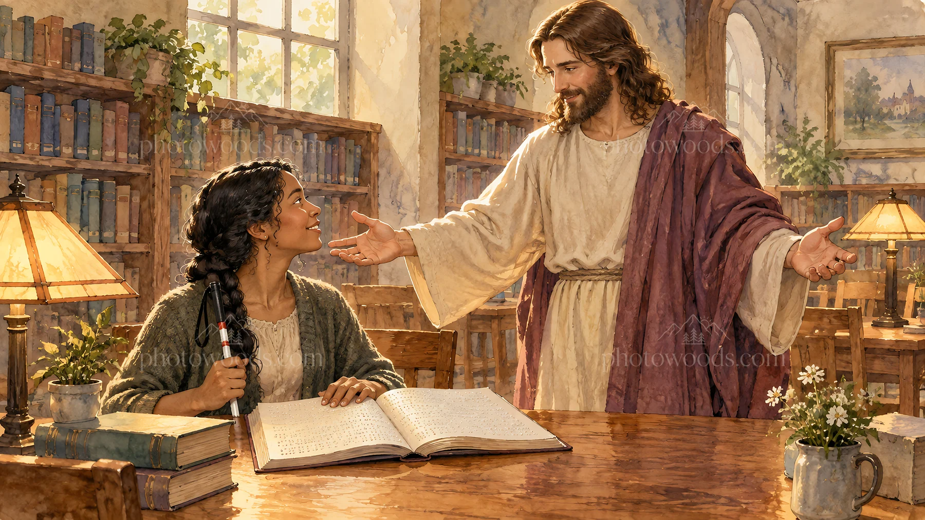 Jesus Christ teaches in a warm, inviting room - AI-generated stock image