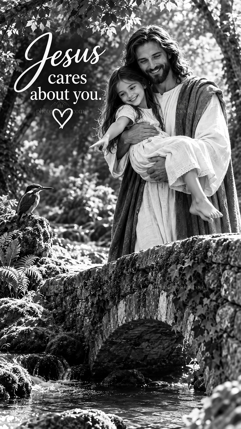 Jesus Christ comforting a child by a stream - AI-generated stock image