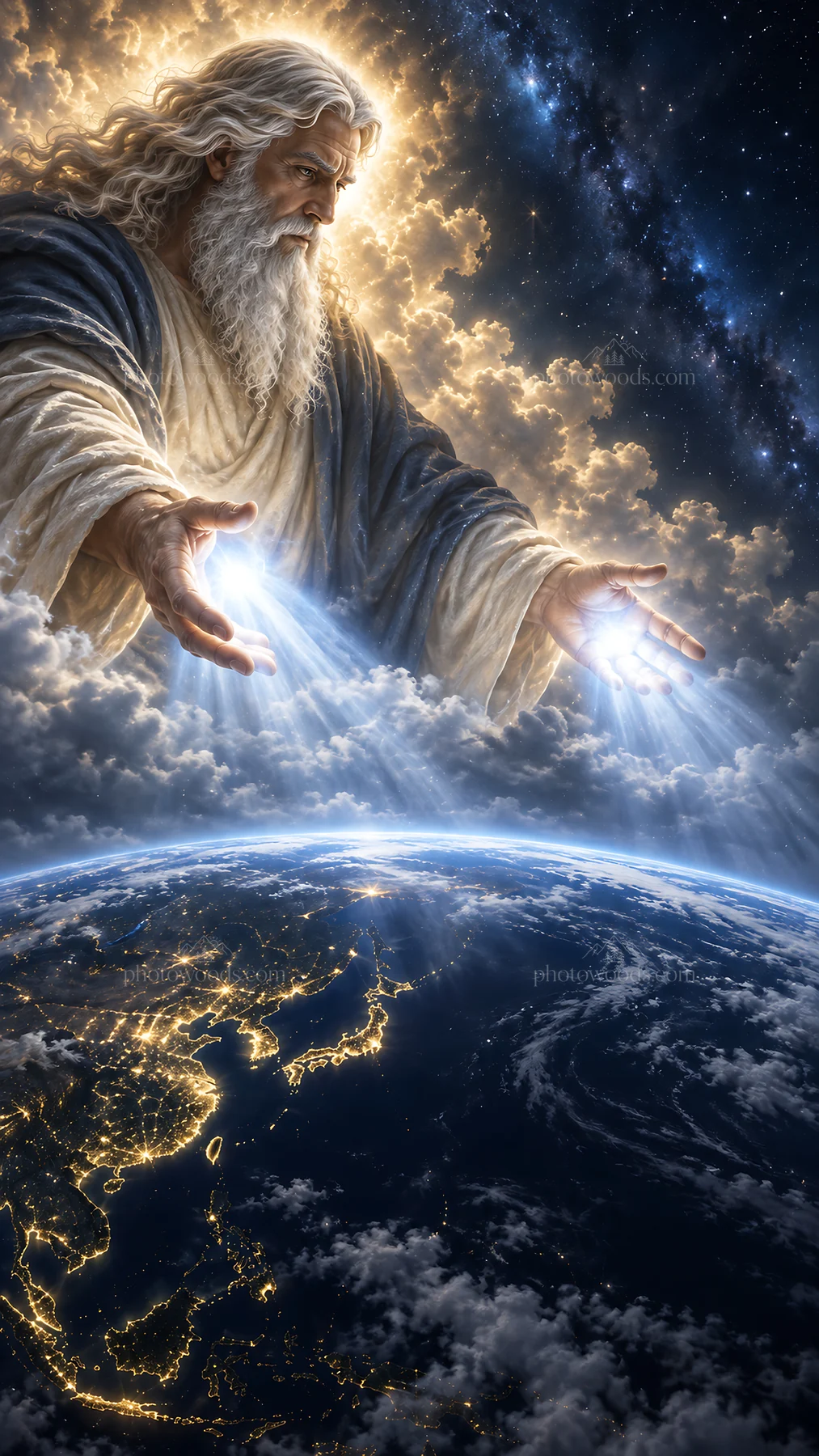 Jesus Christ reaches out to humanity in a cosmic setting - AI-generated stock image