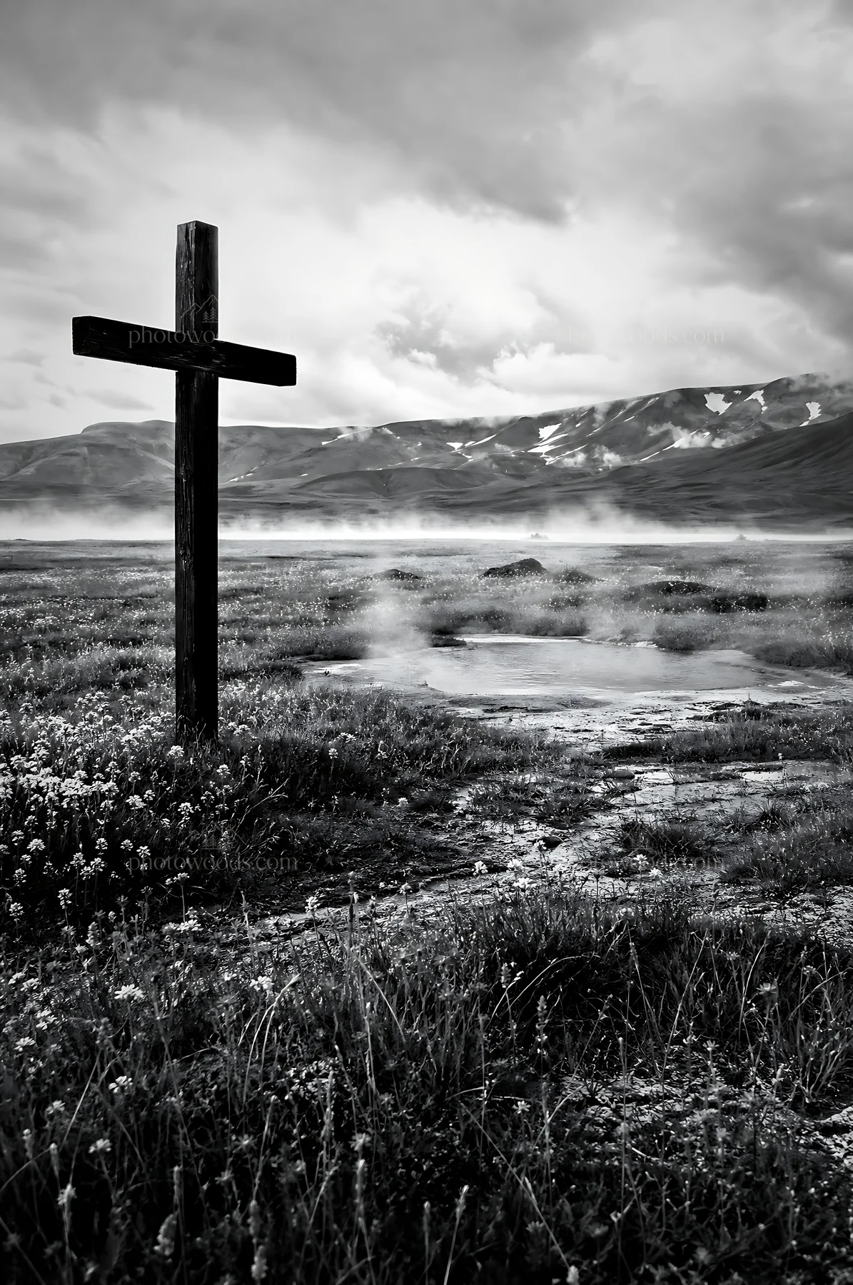 Wooden Christian cross in hot spring meadow - AI-generated stock image