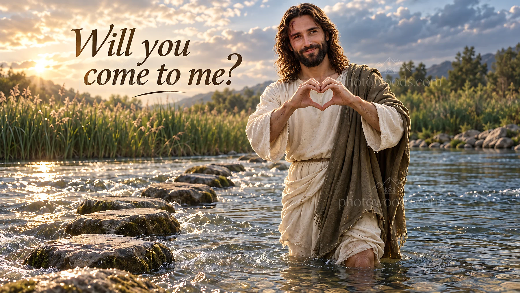 Jesus Christ inviting others in a river setting - AI-generated stock image