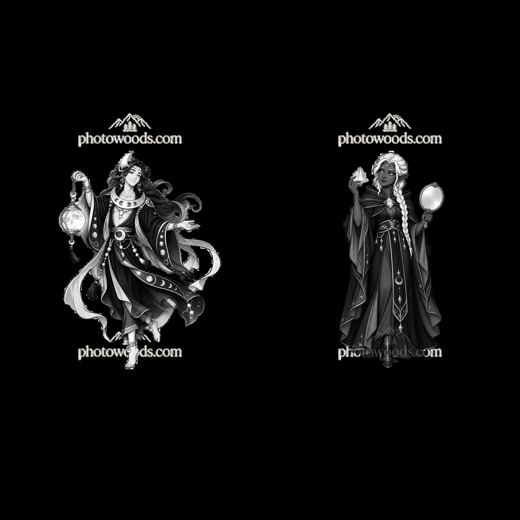 Pagan gods holding symbols in a monochrome cartoon illustration - AI-generated stock image