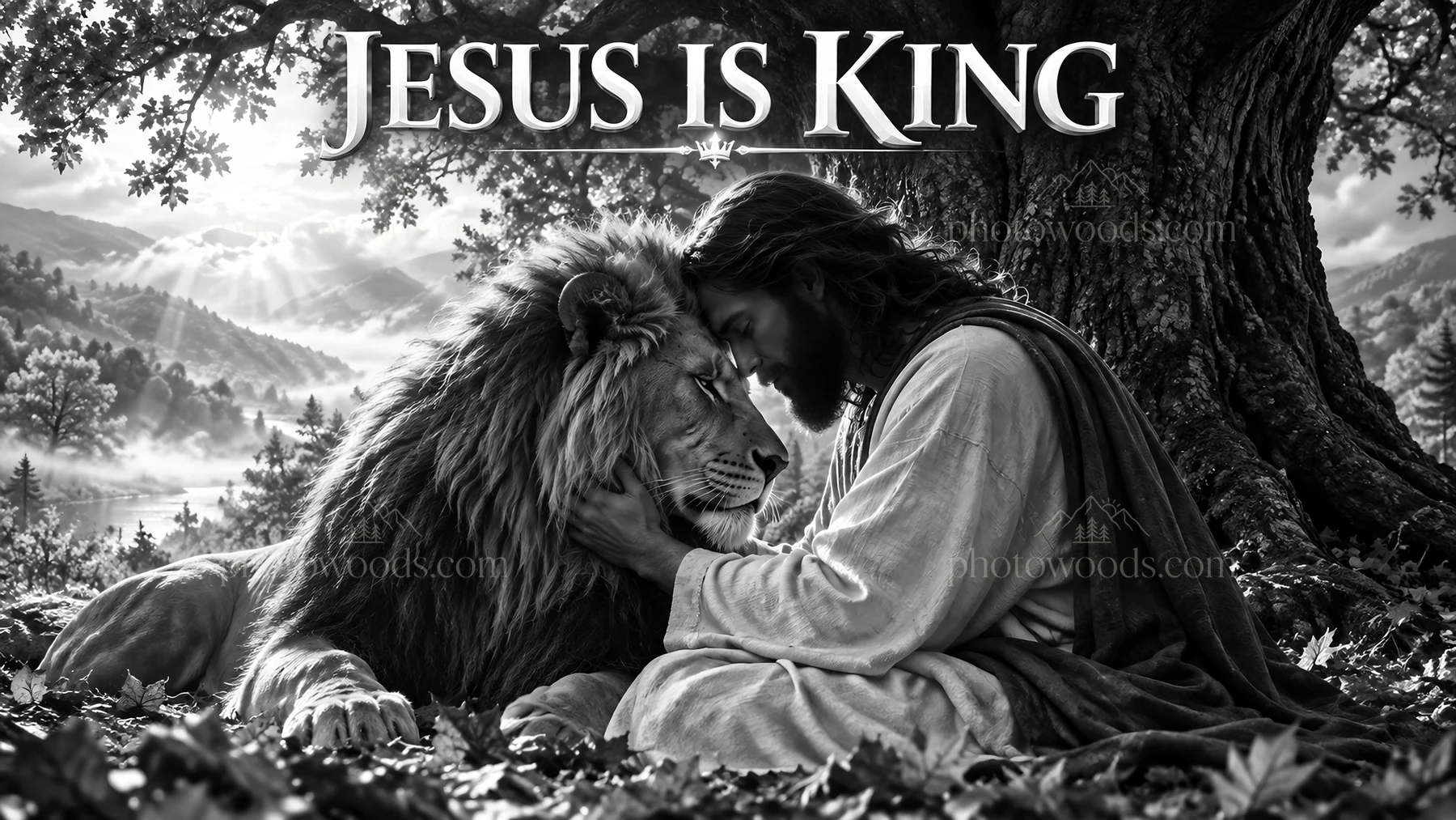 Jesus Christ with a lion in a peaceful natural setting - AI-generated stock image