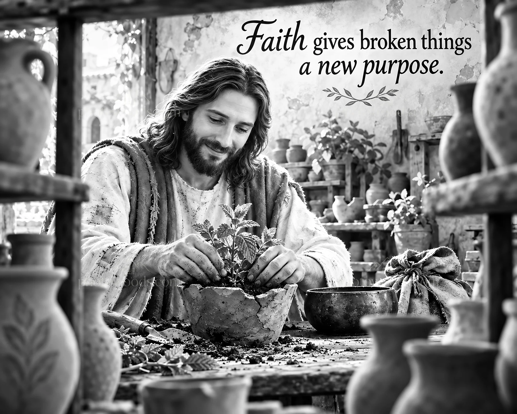 Jesus Christ planting in a garden setting - AI-generated stock image