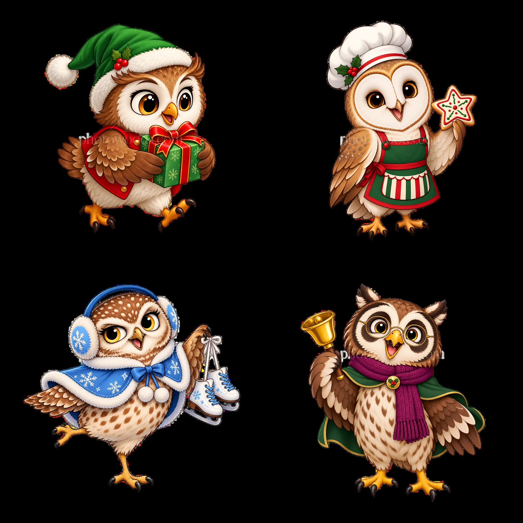 Christmas owls in festive activities with gifts and decorations - AI-generated stock image