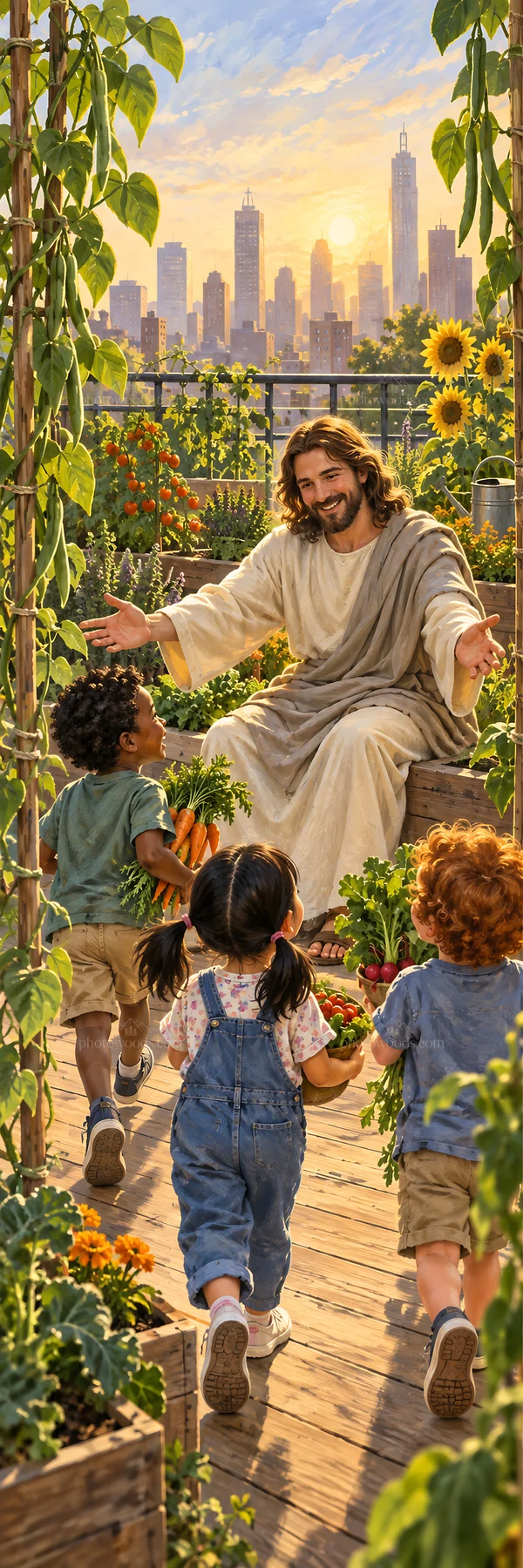 Jesus Christ welcoming children in a vibrant garden scene - AI-generated stock image