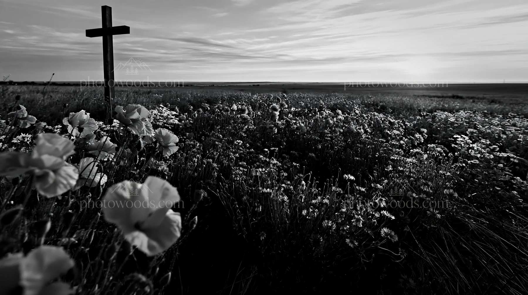 Christian cross in meadow at sunrise with flowers - AI-generated stock image