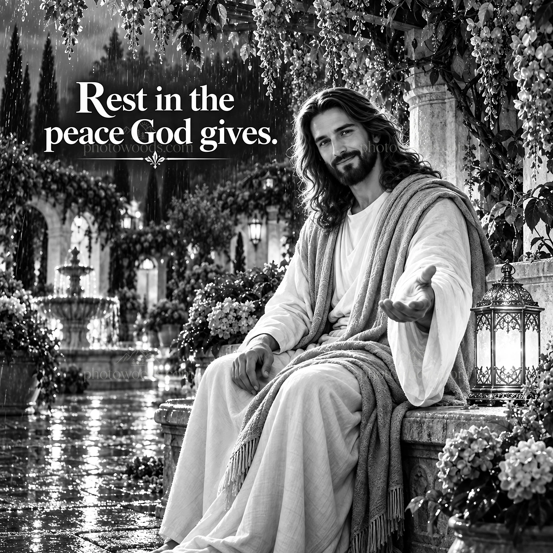 Jesus Christ offering peace in a serene garden setting - AI-generated stock image
