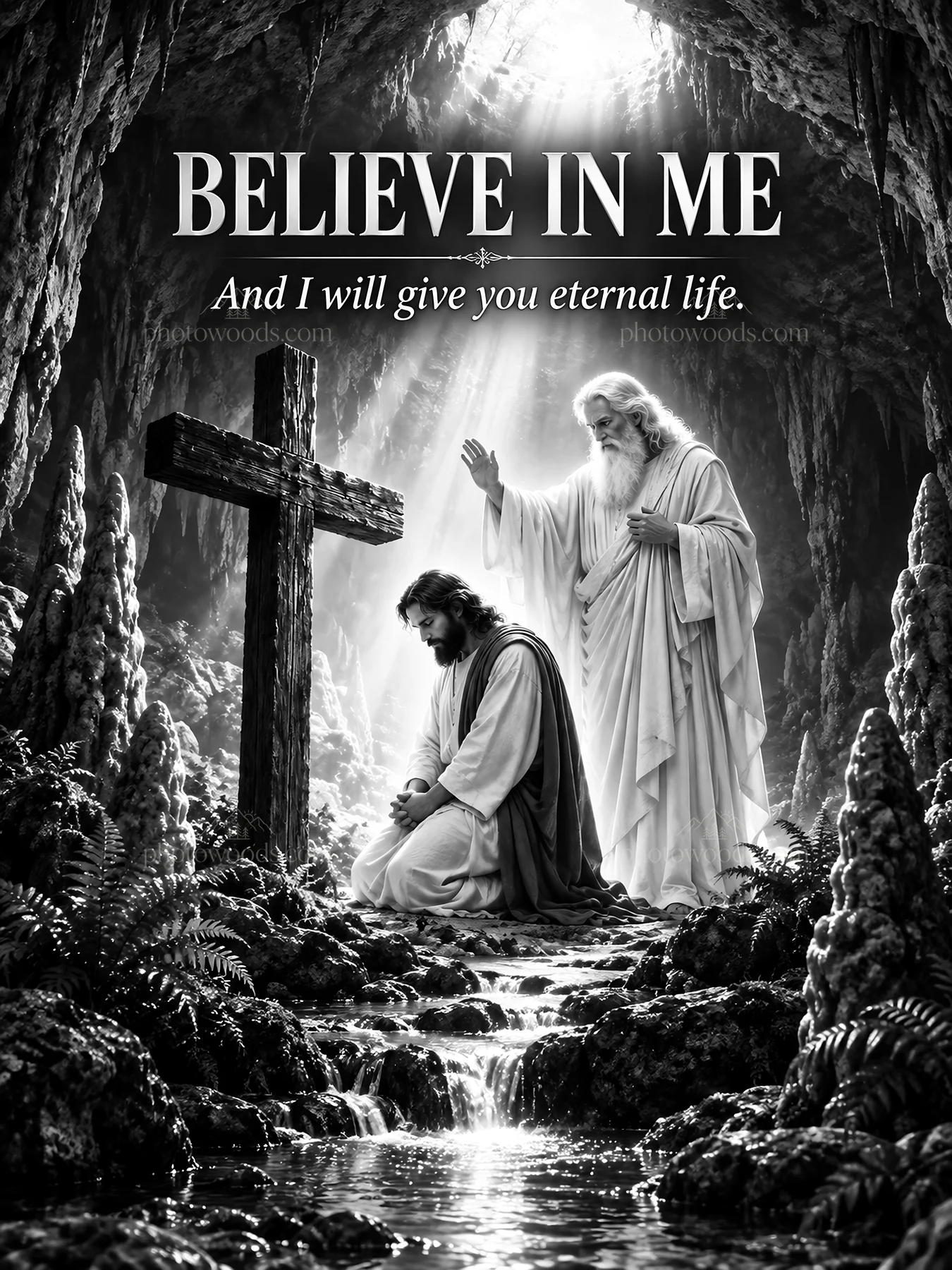 Jesus Christ offers comfort in a cave setting - AI-generated stock image