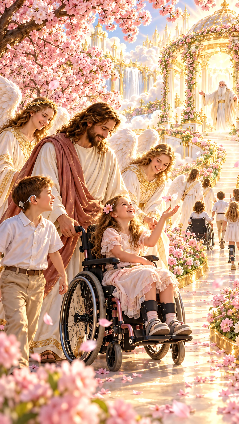 Jesus Christ welcoming children in a garden - AI-generated stock image