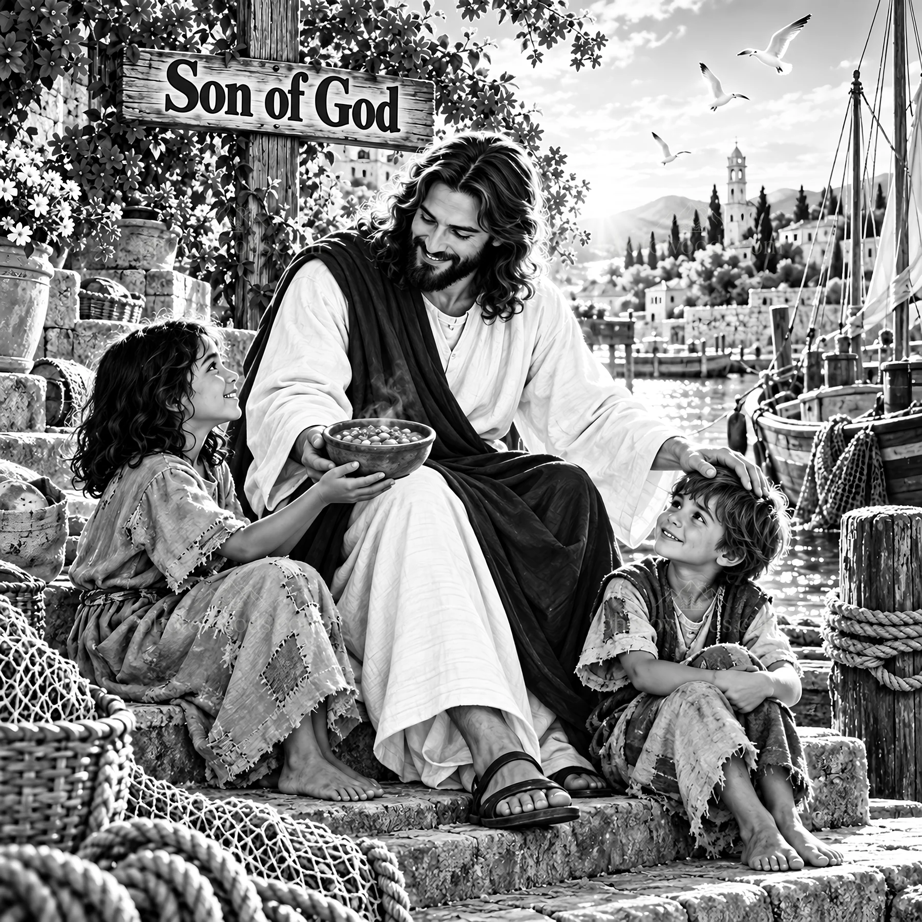 Jesus Christ sharing food with children by the water - AI-generated stock image
